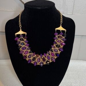 Purple Gold Statement Bib Necklace Acrylic Crystal Cluster Beads Gold Tone Metal